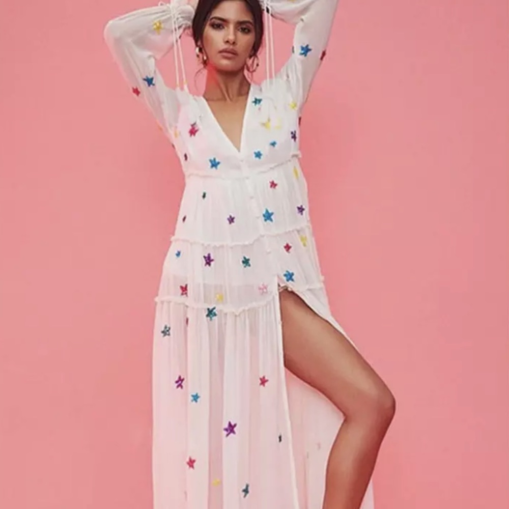 Sandy Stars Boho Embroidered Long Maxi Gown In White Rainbow Stars 5⭐️Rated - Picture 7 of 13